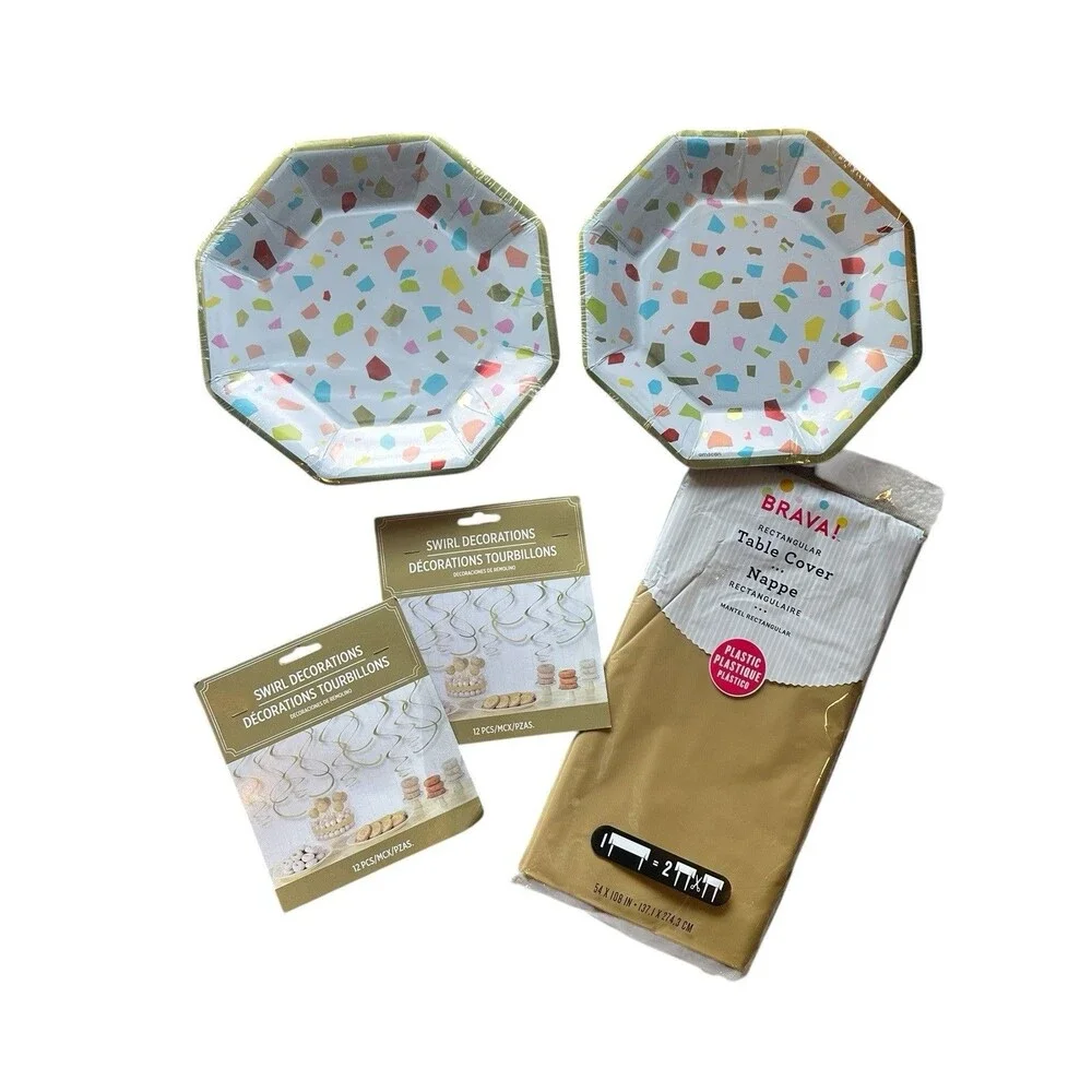 Party Supplies Bundle Rainbow Confetti Terrazzo Plates Gold Tablecloth & Decor